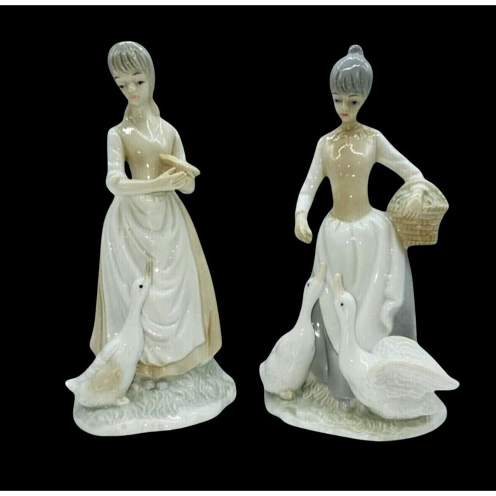 Vtg Ceramic Women Ducks Hand-Painted Farmhouse Decor Collectibles Goose Geese